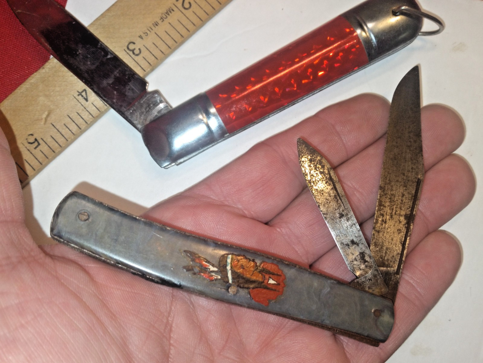 3pc Vint. Pocket Knife Lot Indian Luray Caverns Va. USA + Red China+ Elk Ridge