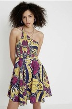 Urban Outfitters Floral One Shoulder Dress Size S Yellow Blue Cotton