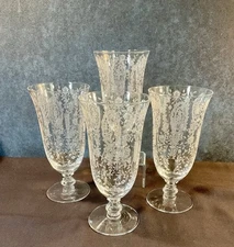 VINTAGE 4 TIFFIN FRANCISCAN JUNE NIGHT 10 Oz ICED TEA GLASS WATER GOBLETS ETCHED