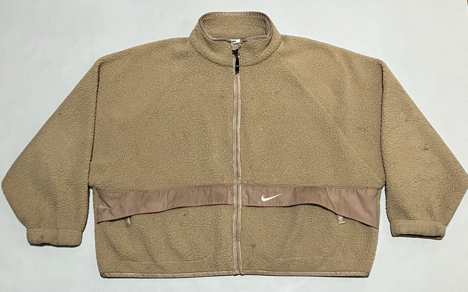 Nike Sherpa Womens Fleece Size XL Cropped Jacket Beige Hidden Pockets Full Zip