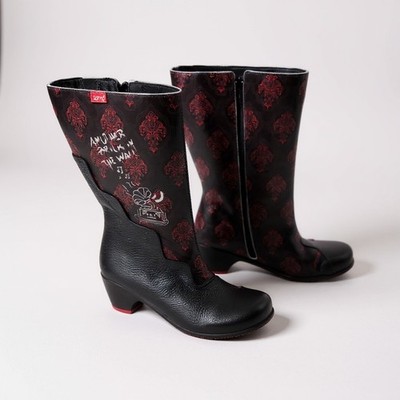 Clamp Women Leather Mid Calf Boots EU38  Black Red Pattern Low Heel Zip Made