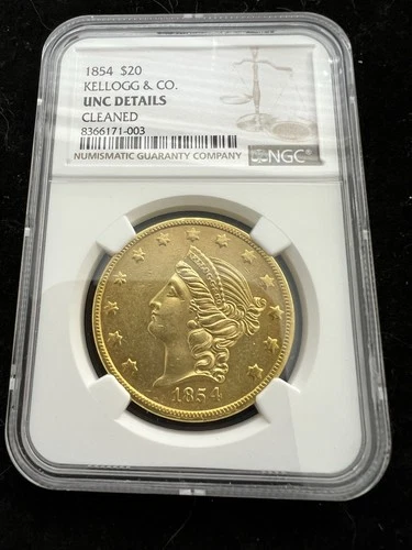 1854 Gold Double Eagle Kellogg And Co Territorial Very Rare Coin