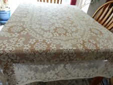 L-26 VINTAGE CREAM FLORAL LACE TABLECLOTH 38 X 96 INCHES
