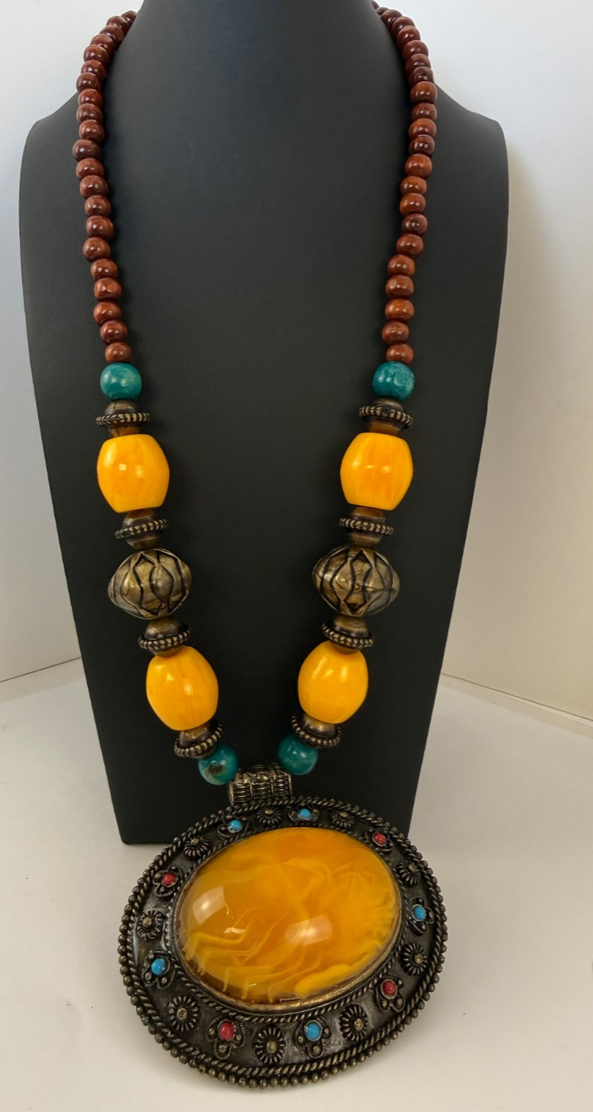 Tibetan Style Boho Statement Necklace Marbled Yellow Resin Pendant 24