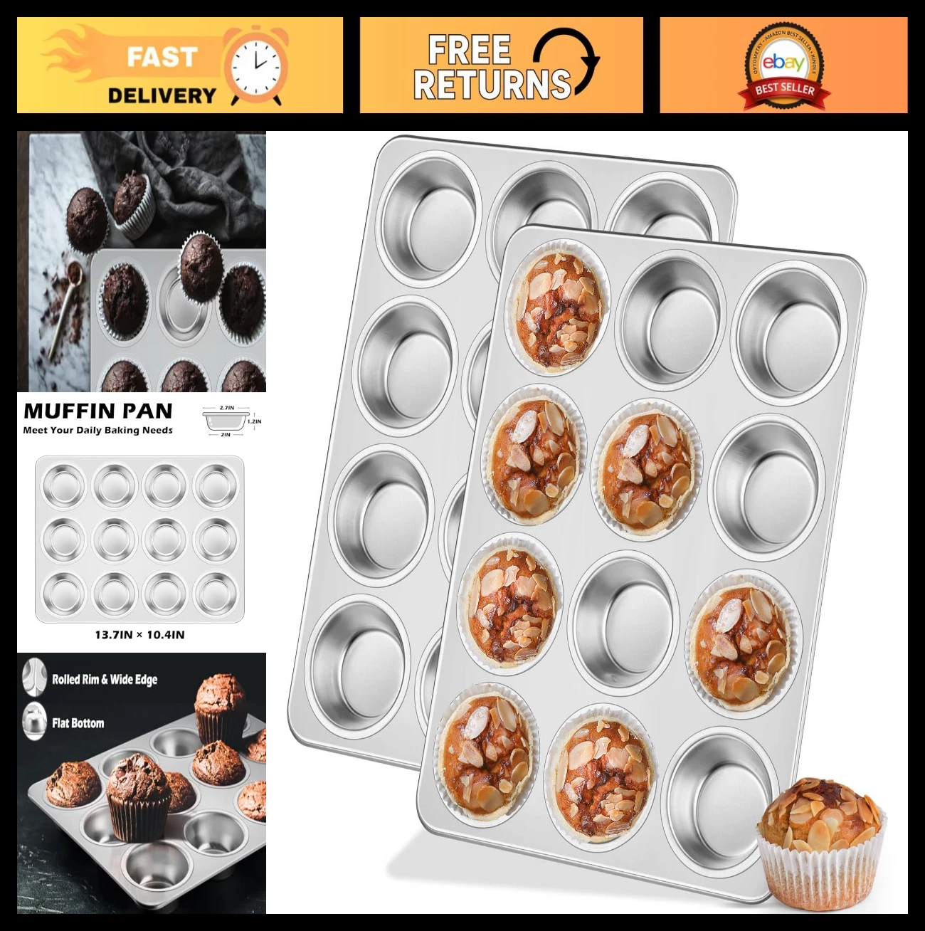 2 Pack 12-Cup Muffin Pans - Stainless Steel Bakeware, Non-Toxic, Oven Safe Trays