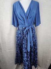 ALEX EVENINGS Periwinkle Sequin Lace Rosette Belted  V-Neck Tea Dress 14W NWT