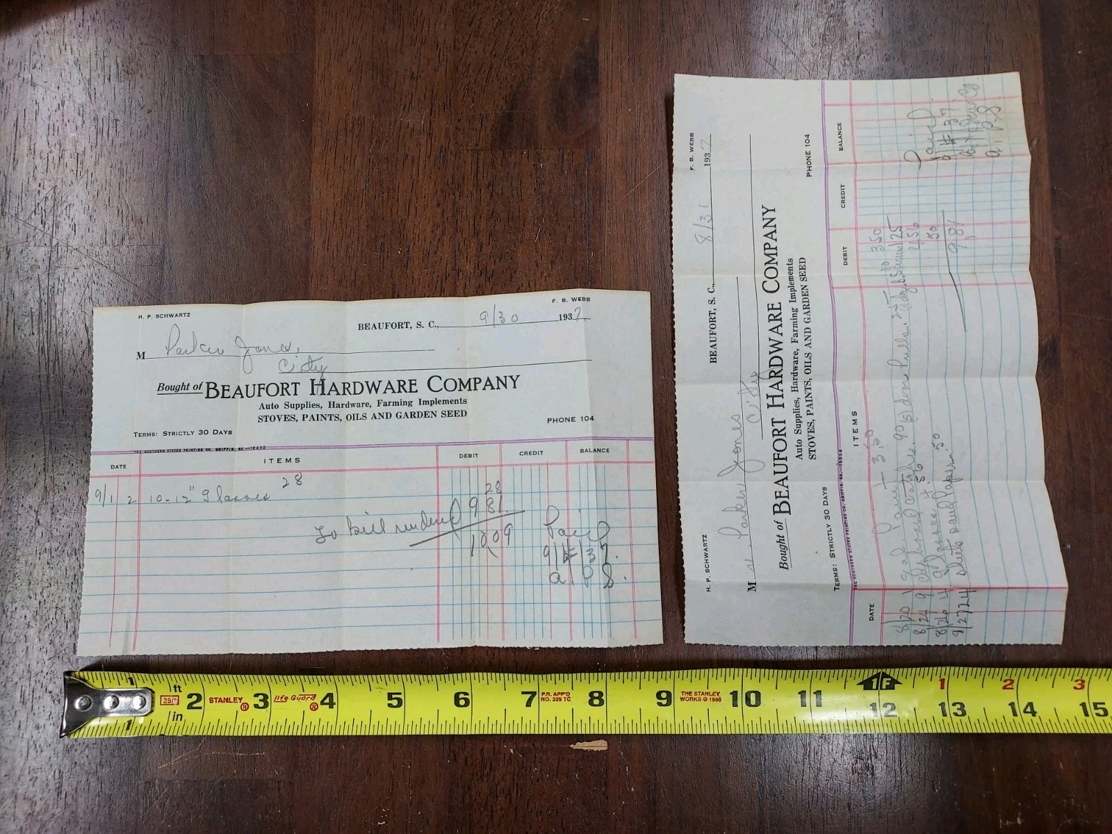 Vintage Hardware & Lumber Invoices 1937 Beaufort SC Lot of 10