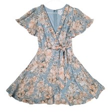 Blue Rain Floral Wrap Style Mini Dress V-Neck Flutter Sleeve Blue XS