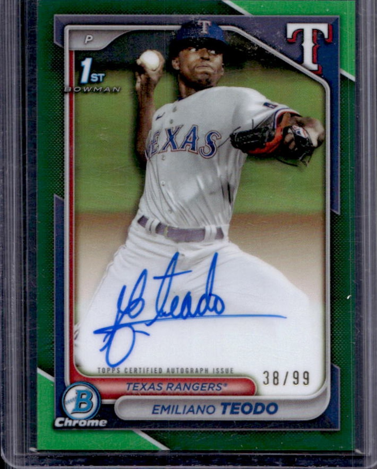 2024 Bowman Chrome Emiliano Teodo Auto Green Refractor 1st #/99 Rangers