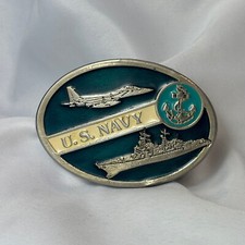 Vtg US Navy Belt Buckle 2260 Enamel and Metal Oval Western Style