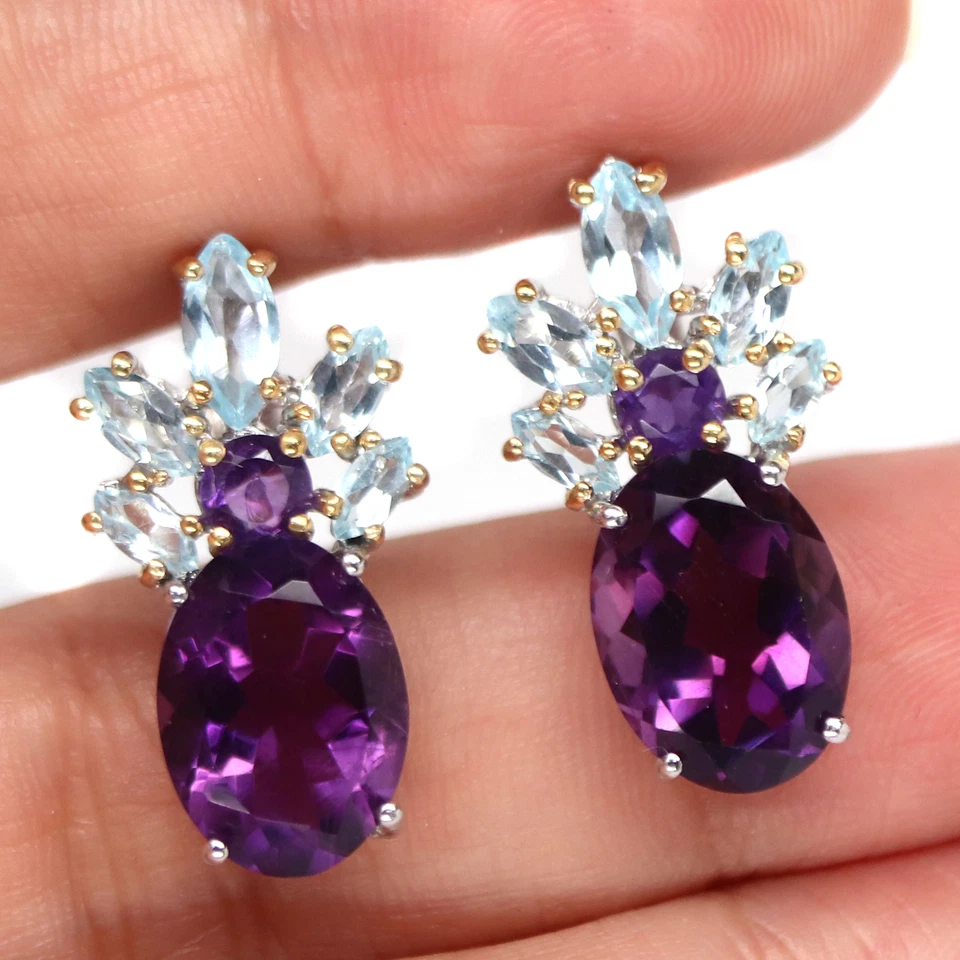 10 X 14 Mm. Amethyst & Himmelblau Topas Ohrringe 925 Silber Sterling - Bild 2 von 4