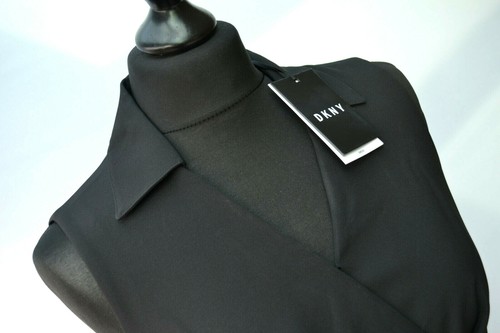 DKNY Midi Shift Dress Black Crossover V-Neck Sleeveless Semi Fitted Sz. UK 6 - Picture 5 of 14