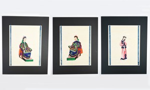 34x28 cm 3 LOT ANTIQUE CHINESE PITH RICE PAPER PAINTING MANDARIN COURT 19th