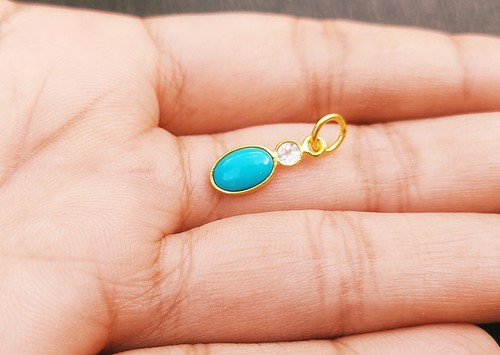 Natural Blue Turquoise with white Topaz Pendant ,18K Gold Charm , Charm Necklace - Picture 6 of 6