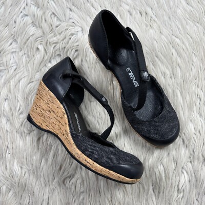 Teva Women's 5.5 Black Riviera Mary Jane Cork Wedge D'orsay Sandals Shoes