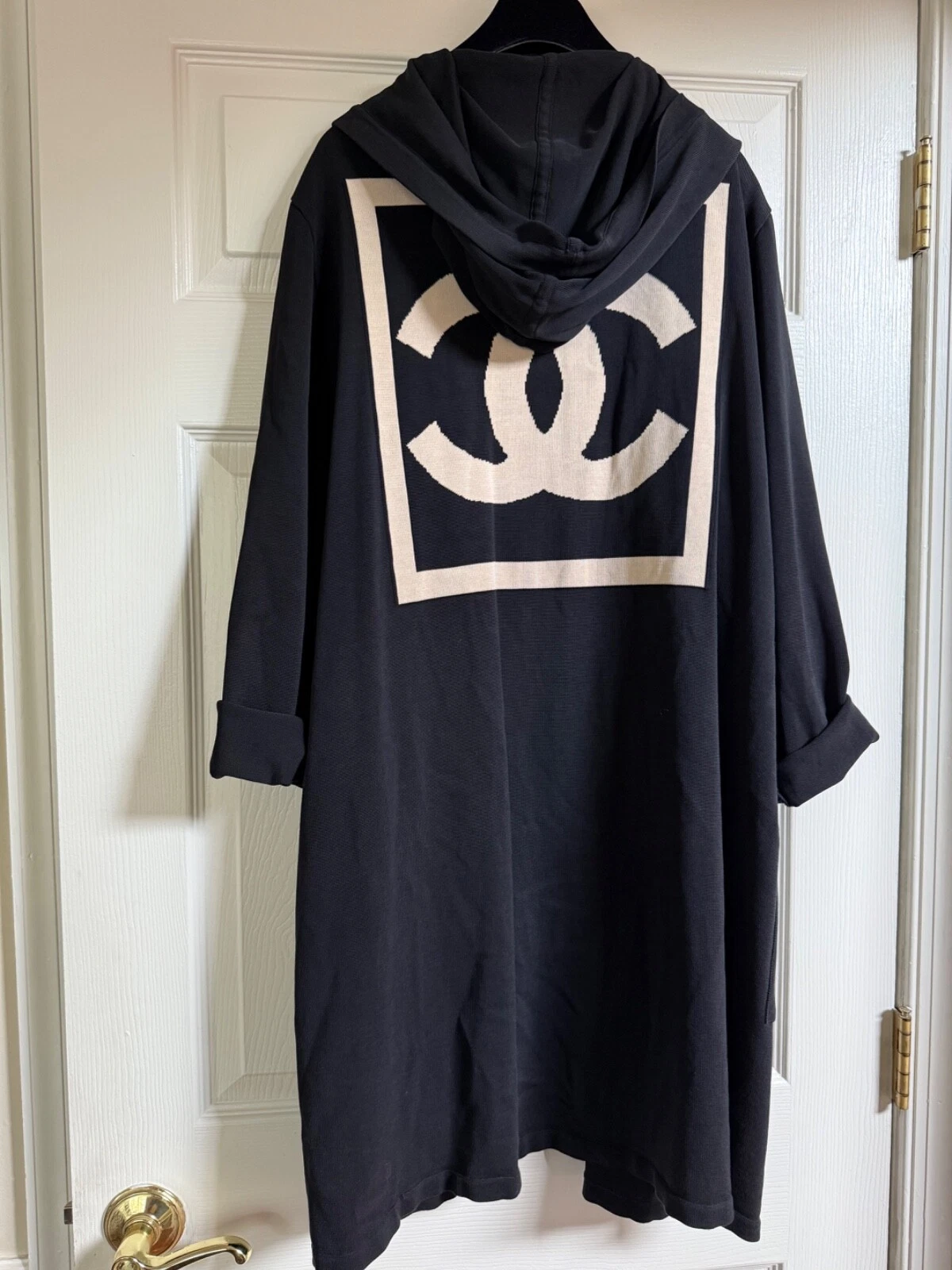 Chanel — CHANEL VINTAGE 03A IDENTIFICATION BLACK LONG JACKET WITH HOOD CC LOGO M-L