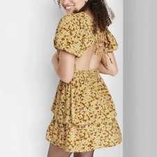 Wild Fable Yellow Floral Print Tiered Ruffle Open Back Dress Size M p97-12