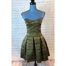 San Joy Mini Dress Strapless Black & Gold Metallic Prom Medium