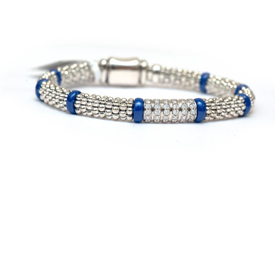  LAGOS Nuevo Brazalete Cuerda Plata y Azul Caviar Diamante Marino 6mm 7" Foto 3 de 4
