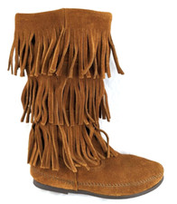 MINNETONKA Womens US 6 Moccasin Boots 1632 Brown Suede 3 Layer Fringe 115 VEUC