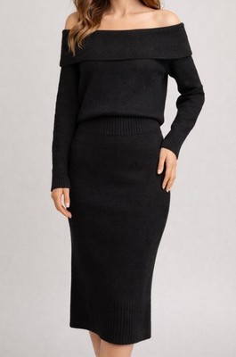 House of Harlow 1960 Black Knit 2-Piece Set Sweater Midi Skirt NWT $198 Chic