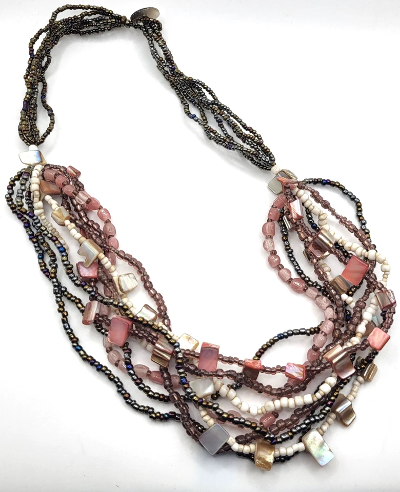 Beautiful Multilayer Rose Quartz Shell Earth Tone Necklace 21in - Image 2 of 4