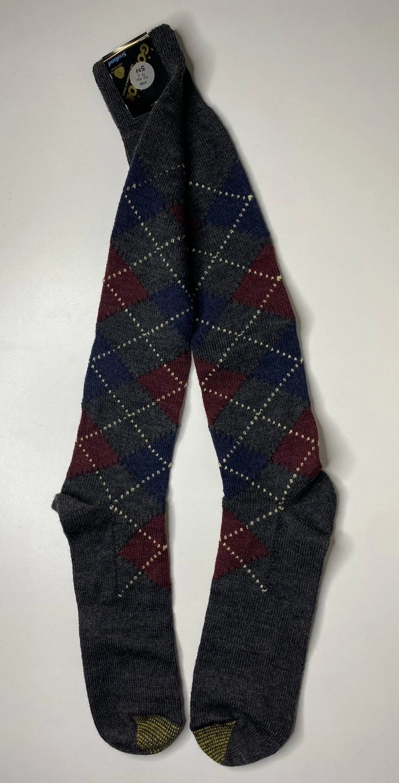 NOS Vintage Scotland Gold Toe Knee High Argyle Socks Wool Gray Burgundy Navy