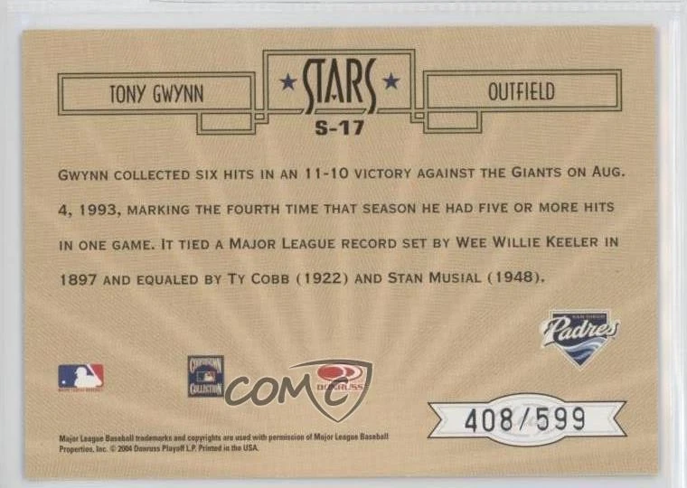 2004 Leaf Certified Cuts Stars /599 Tony Gwynn #S-17 HOF - Image 2 of 2