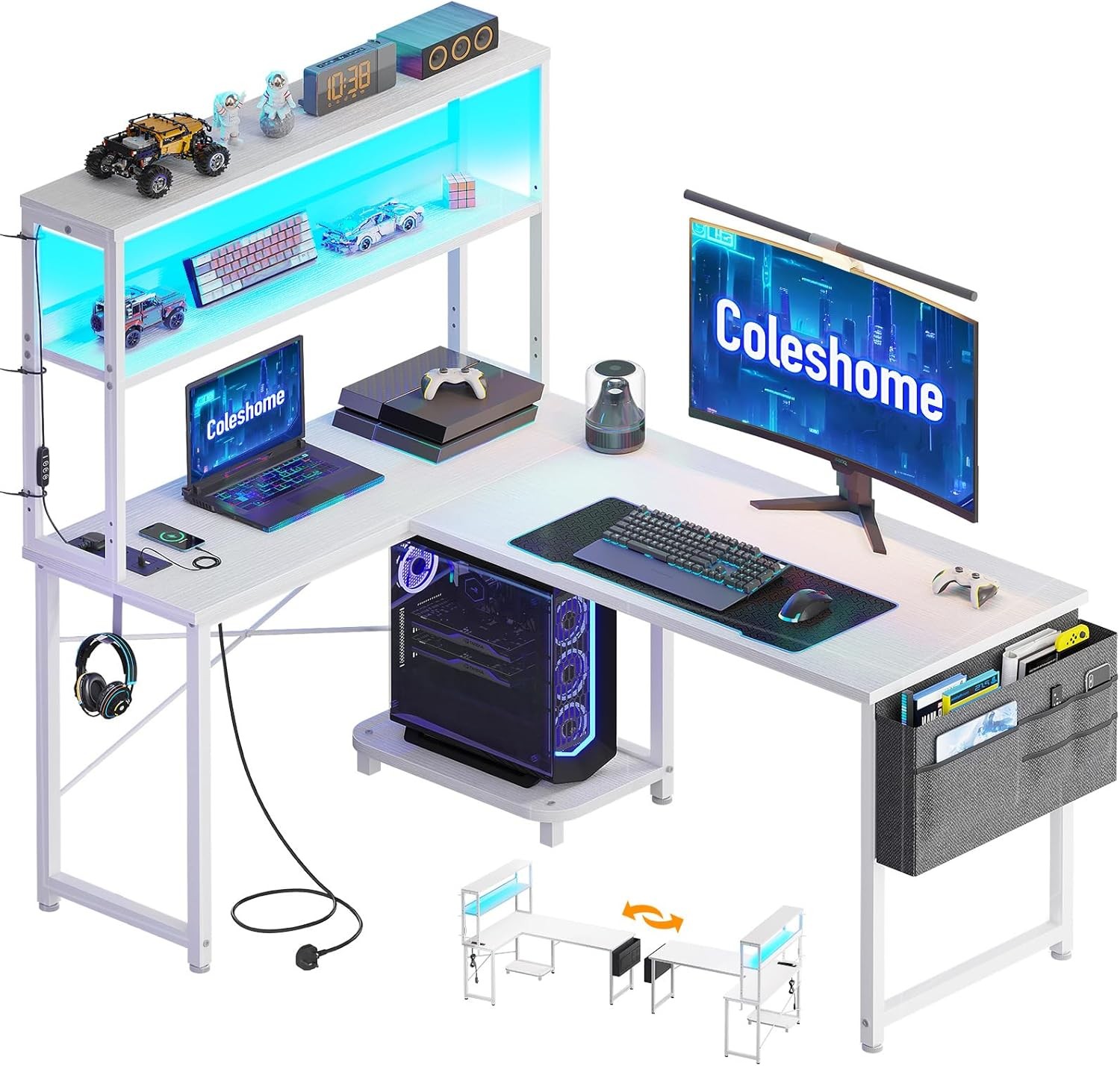 Coleshome L Shaped Gaming Desk LED Lights Power