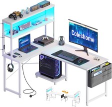 Coleshome L Shaped Gaming Desk with LED Lights & Power Outlet, 110 × 80 cm