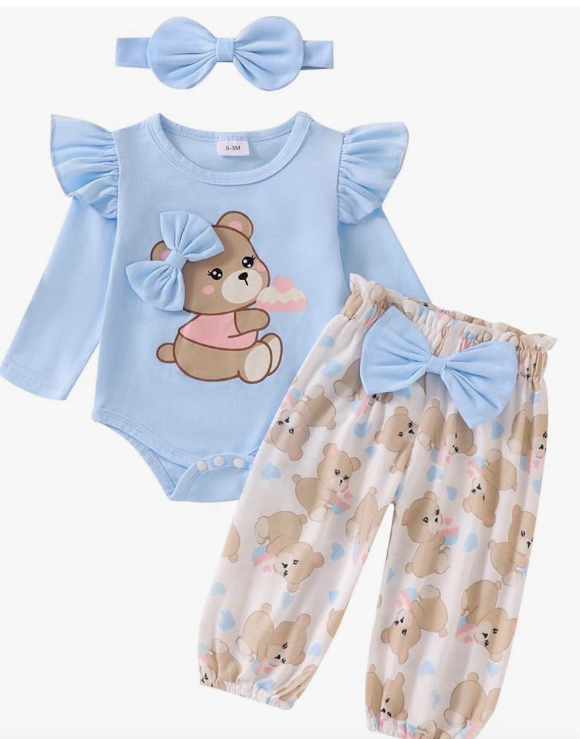 Ursobutegl Recién Nacido Bebé Niña Trajes Volantes Oso Largo 0-3 Meses, Azul