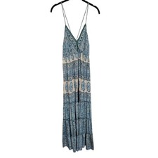 RAGA Women's Boho Floral Print Maxi Dress Green Trimmed Spaghetti Strap Large