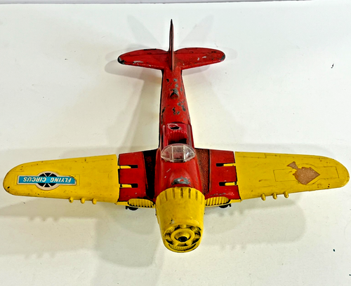 Orig 1950's Hubley Kiddie Toy Airplane #495 Flying Circus Yellow Red Vintage
