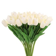 24Pcs Fake Tulips Artificial Flowers, PU Tulips with Stems, Yellow white