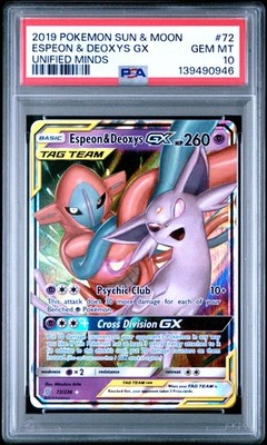 PSA 10 Espeon & Deoxys Gx Card #72 2019 Pokemon Sun & Moon Unified