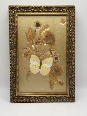 Vintage Pressed Flower Butterfly Art Floral Gold Gilded Framed Botanical