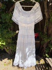 Vintage 1970s White Lace Prairie Dress   Off Shoulder Boho Cotton Maxi   Romanti