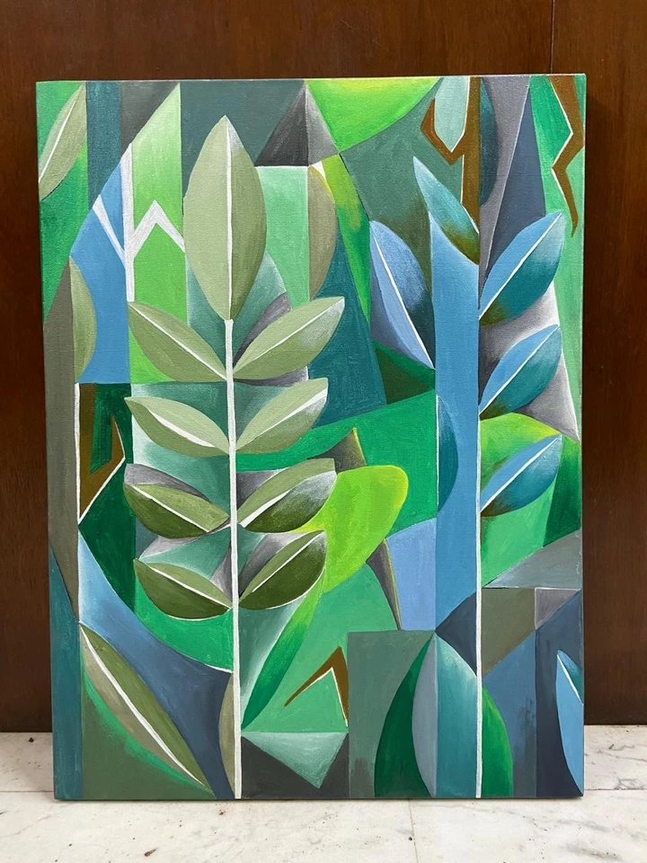 Enorme Pintura Acrílica Original Hojas Abstractas Arte Cubismo Mediados de Siglo Arte Moderno Foto 2 de 4