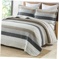 100 Cotton Quilt Set Queen Size, Patchwork Queen 90"x98" White/Brown/Grey