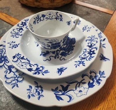 Copeland Spode England New Stone Blue Bowpot 3 pc DinnerPlate Bowl Cup EC