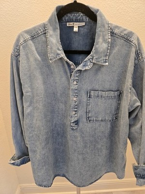 Seven 7 L Denim Henley Shirt Blue Relaxed Fit Long Sleeve Pullover Womens Top