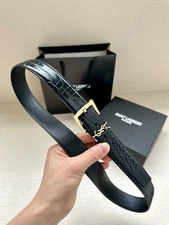 Yves Saint Laurent Gold YSL Logo Genuine Black Calfskin Women's Belt 3.0cm