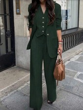 Women's Casual Commuter Striped Jacket Pants Vest 3-Piece Suit Set with Pockets
