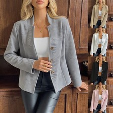 Women's Long Sleeve Button Cardigan Blazer Suits Work Casual Jacket Coat Tops UK