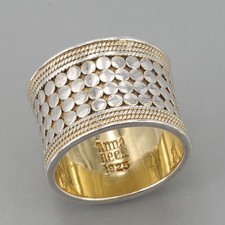 Signed Anna Beck Two-Tone Sterling Bali Dot & Rope Pattern Wide Band Ring Sz 6.5