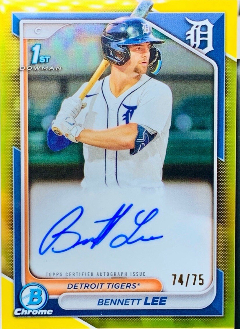 2024 Topps Bowman Chrome Bennett Lee 1st Prospects AUTO Yellow 74/75 Tigers