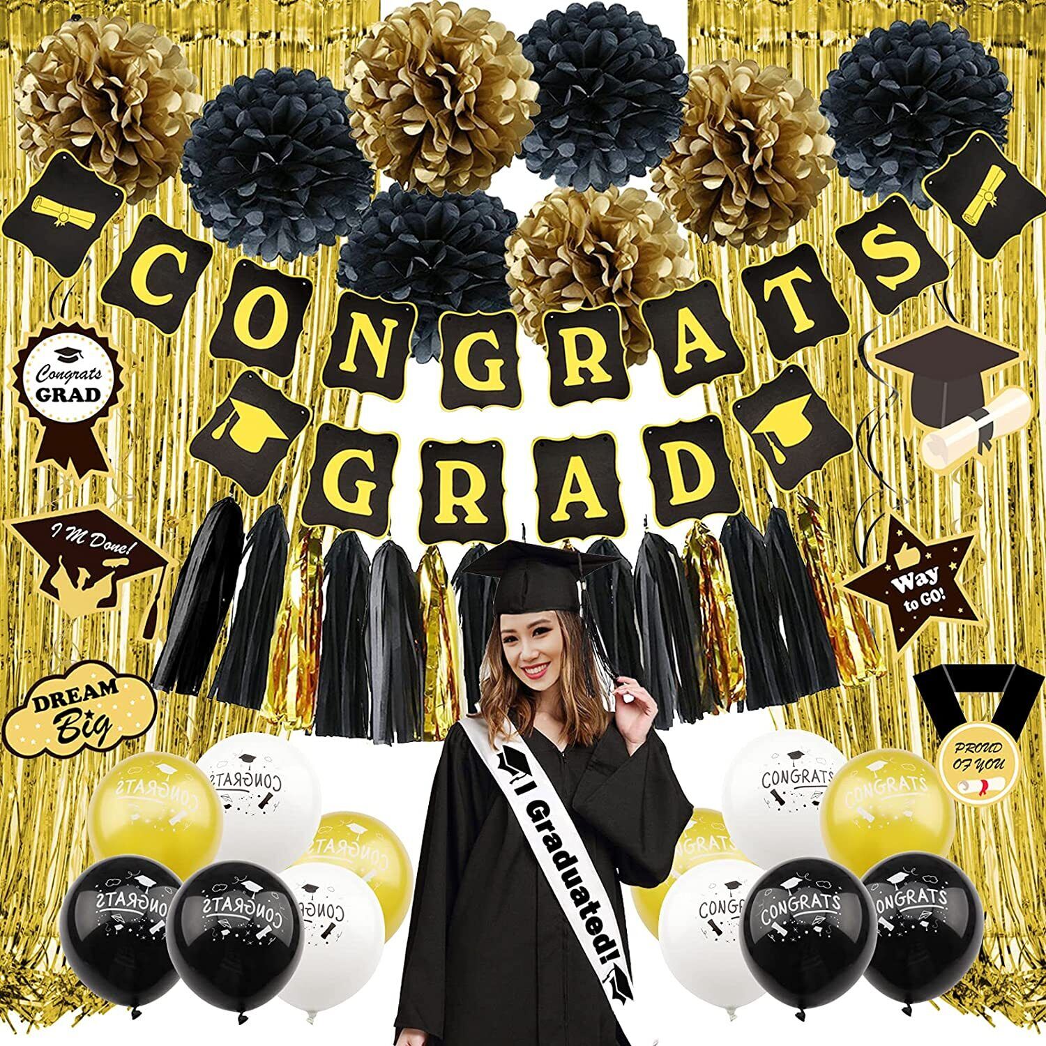 Graduation Party Supplies 2023, Black and Gold Graduation Decorations ...