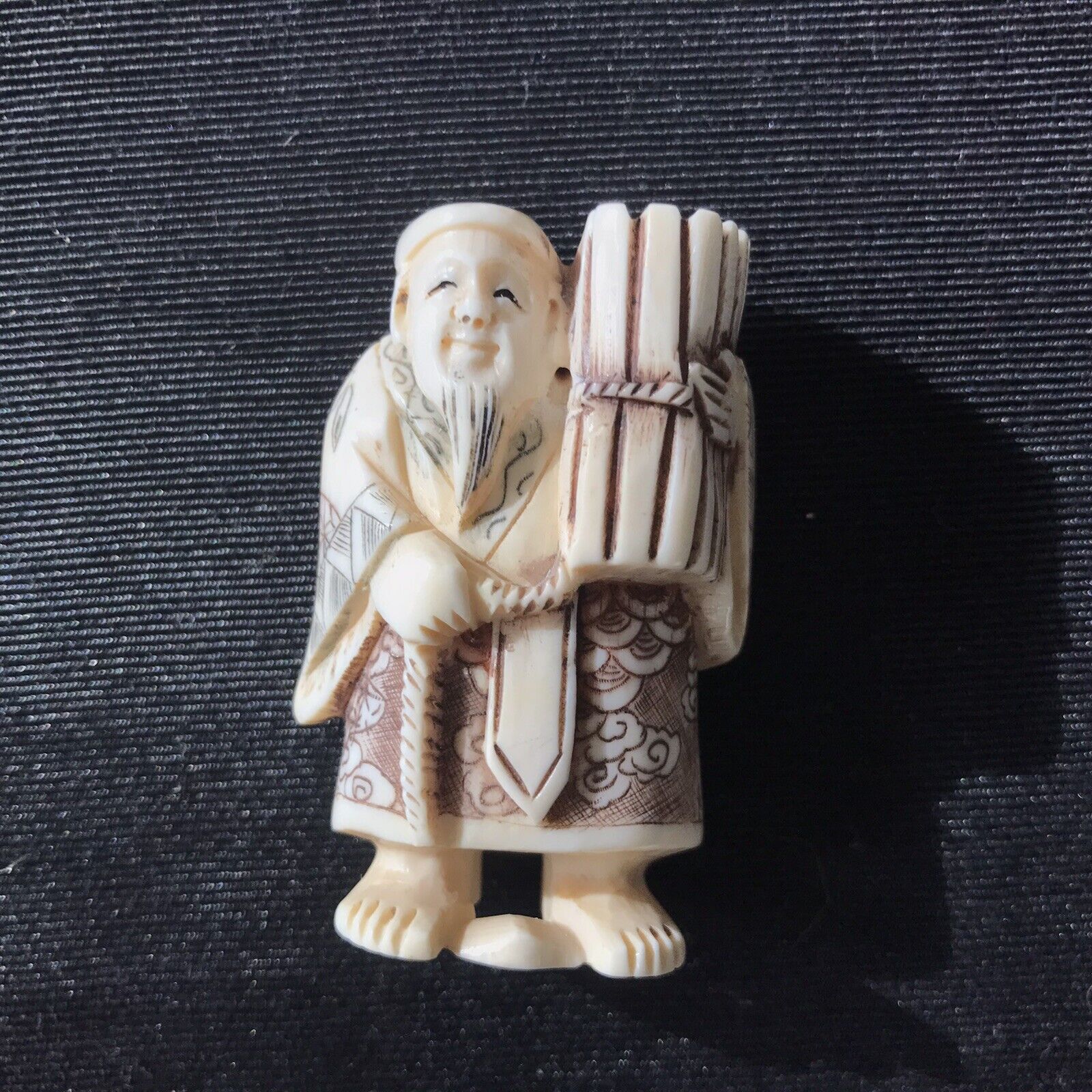 Antique Netsuke Finely Carved And Signed Old Man With Wood Bundle