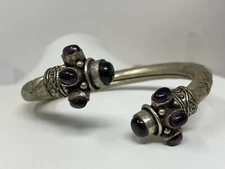 Unique Vintage Silver-plated Brass & Purple Glass Cabochon Open Bangle Bracelet