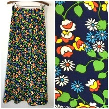 Vintage 60s 70s Dark Floral Maxi Skirt, Blue Floral Boho Skirt, Hippie Festival
